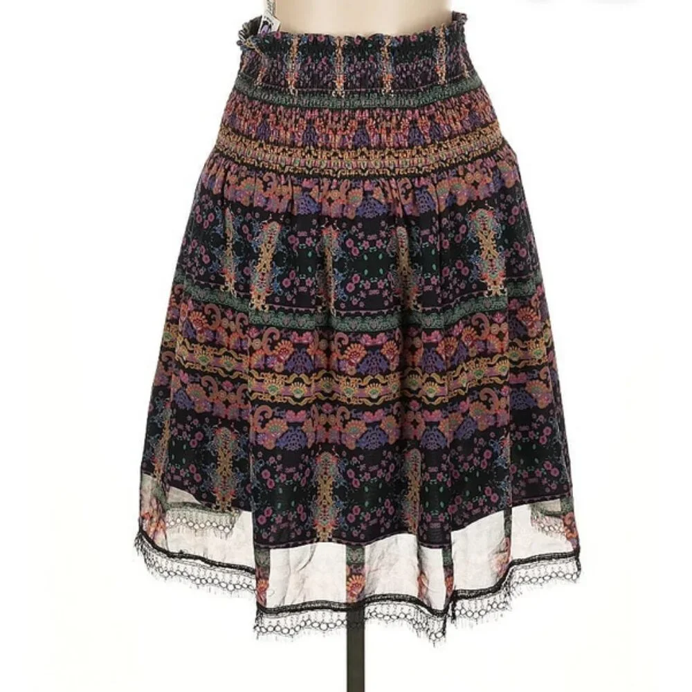 💜 Sui by Anna Sui Paisley Chiffon Lace Skirt – Shirred Waist, Size L - Picture 3 of 7